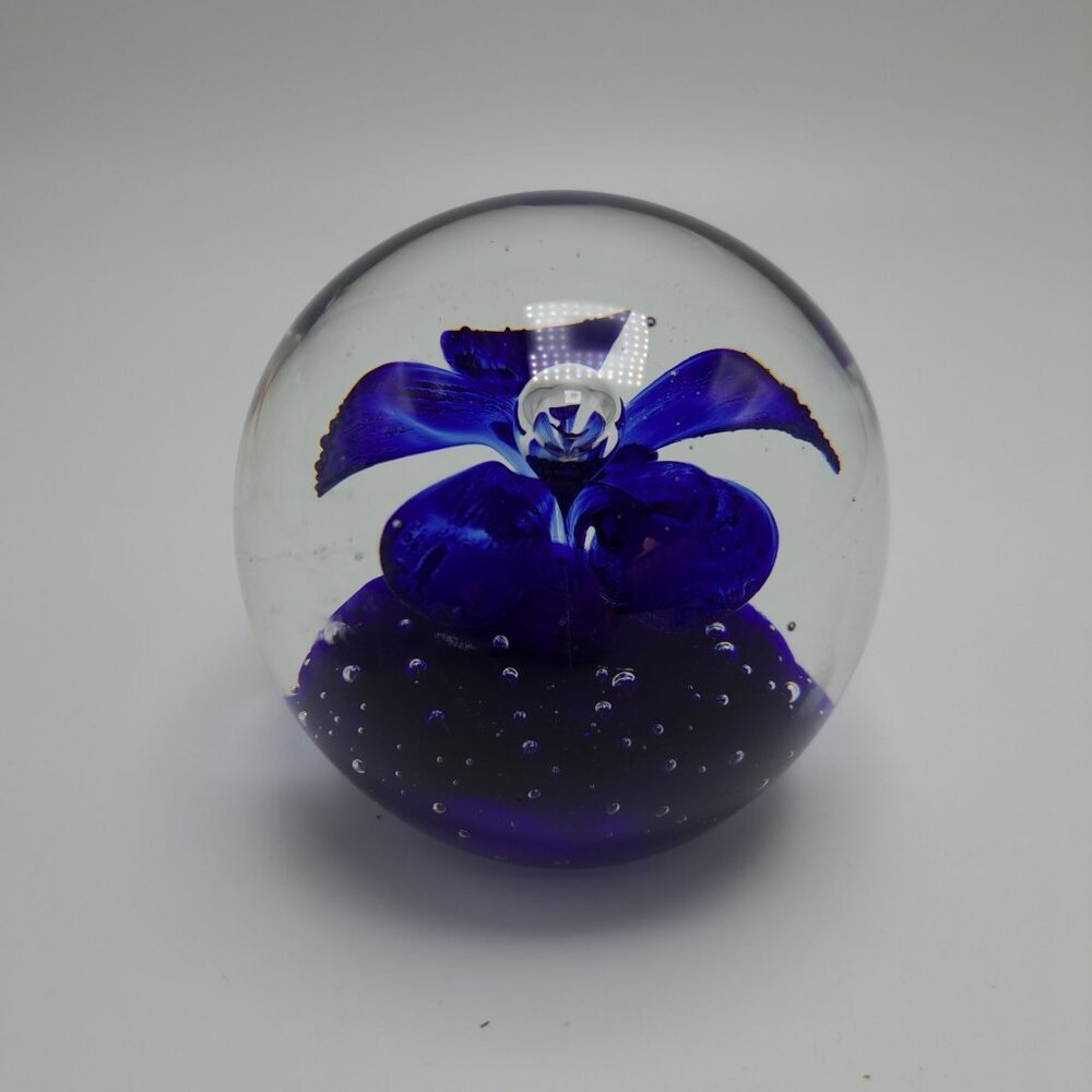 Handblown Cobalt Blue Glass Paperweight With Flower Design